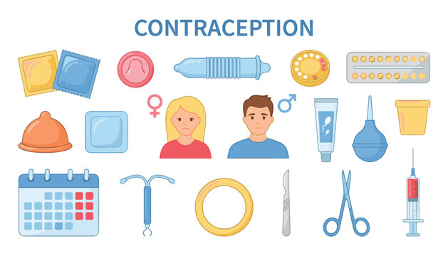 Contraception methods and birth control elements set with condoms birth control pills iud calendar and medical icons vector illustration, 17 words.