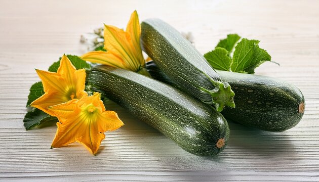 Fresh Zucchini With Flowers On White Wooden Background