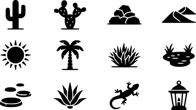 Desert Garden Icons. Outline icon set of Desert-themed garden elements: sand dune, cactus, rock pile, sun icon
