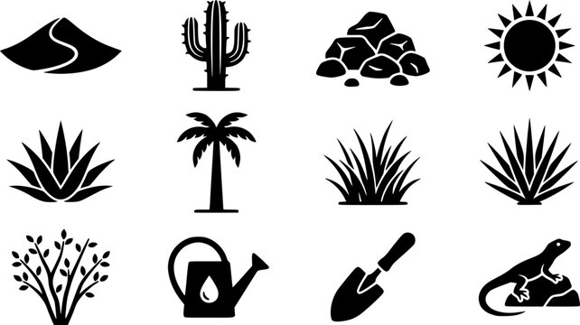 Desert Garden Icons. Outline icon set of Desert-themed garden elements: sand dune, cactus, rock pile, sun icon
