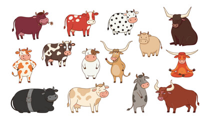 Fototapeta premium PrintCute cartoon cows set with different cattle breeds illustrations funny bulls farm animals collection isolated vector graphic design, 19 words.