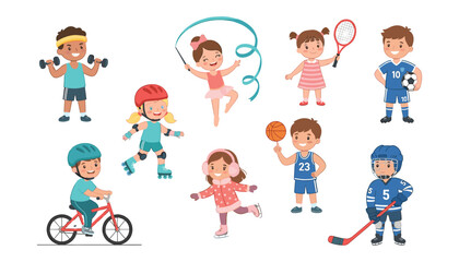 Fototapeta premium Cute cartoon kids sports characters vector collection with basketball soccer hockey skating cycling gymnastics isolated on white background