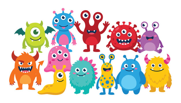 PrintCute cartoon monsters vector characters set with friendly colorful alien micro organisms collection for kids design