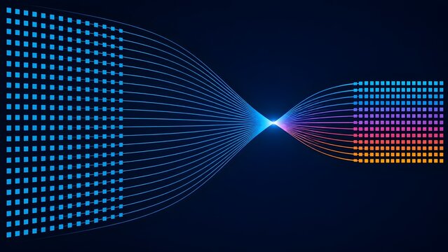 Digital data compression concept showing grid information passing through central processing bottleneck to generate colorful parallel data streams