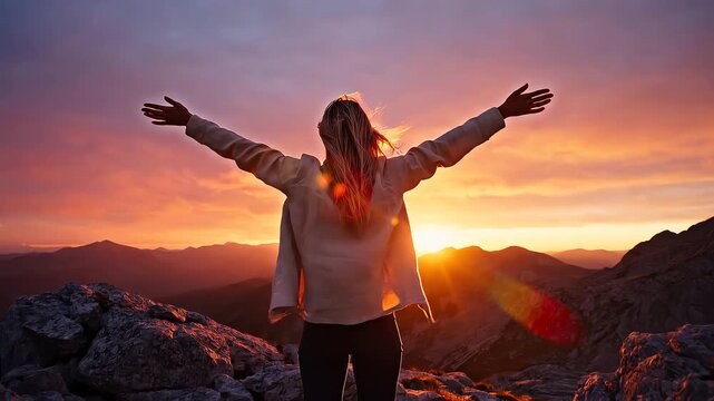 Woman standing with arms raised outdoors
