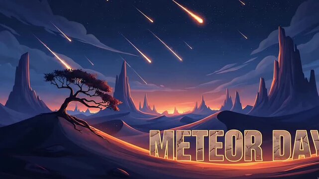 Falling meteors illuminate a surreal desert landscape
