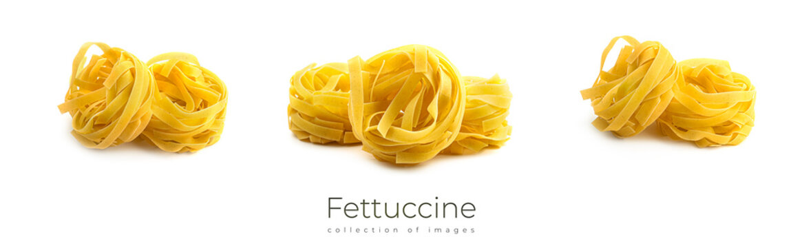 Uncooked fettuccine nest pasta on white background.