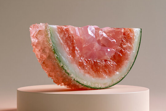 Creative 3D Render of Fresh Watermelon Slice Fused with Quartz Geode Crystals