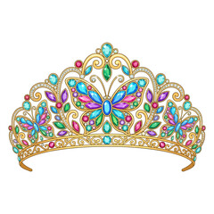 Elegant Gold Tiara with Butterfly Motif and Colorful Gemstones © Manten