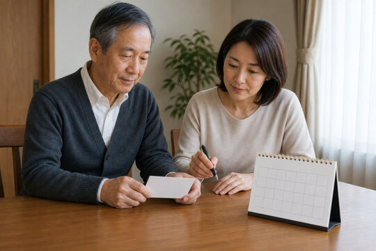 自宅で親の介護予定を事前に確認する日本人の父娘