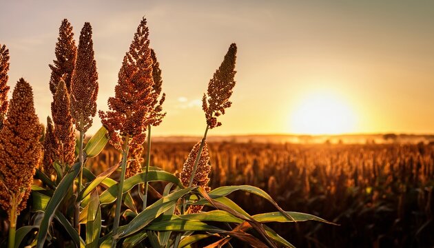 Close Up Of Sorghum Plant At Sunset With Golden Sunlight And Copy Space
