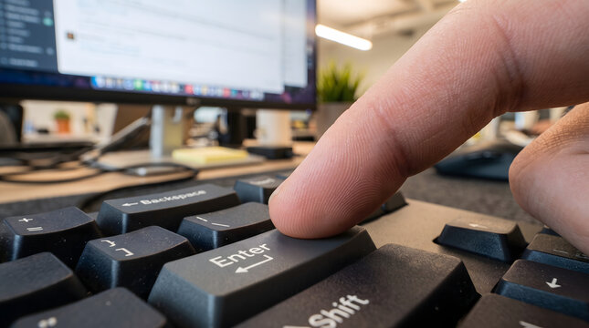 Close up of a finger pressing the enter key on a black computer keyboard in an office setting.