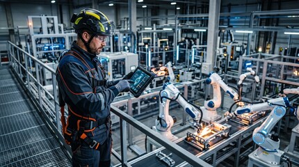 Fototapeta premium Engineer uses tablet to control robotic arms in modern automated factory production line