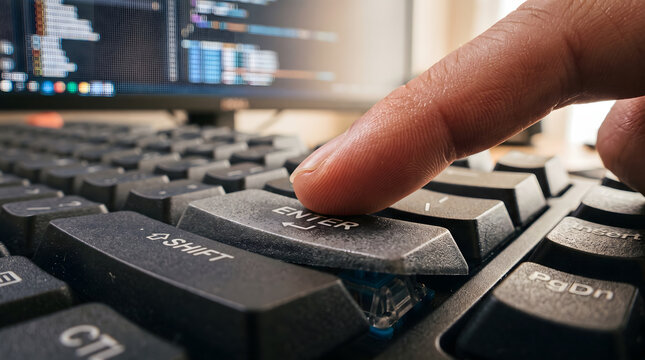 Close up view of a finger pressing the enter key on a keyboard.