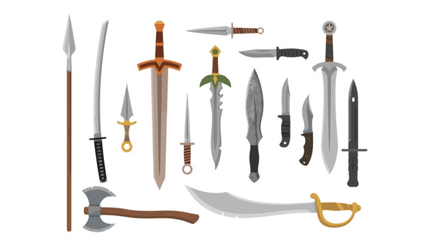 Medieval historical weapons set with fantasy swords katana dagger spear and battle axe elements vector illustration isolated, 17 words.