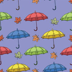 Obraz premium Colorful umbrellas seamless pattern, autumn leaves engraving illustration, purple background repeat print, hand-drawn vector