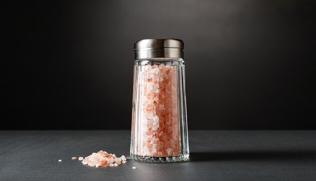 Glass Spice Shaker Filled With Pink Himalayan Salt Crystals Against Dark Minimalist Background With Positioned Dark Textured