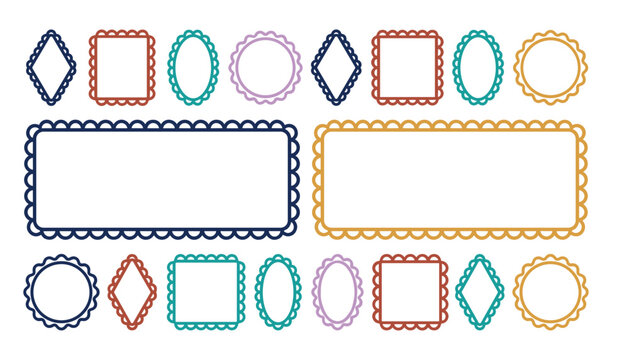 Vintage scalloped border frames vector set in various geometric shapes and colors for greeting cards labels and tags, 17 words.