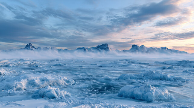 vast frozen landscape during an intense blizzard, powerful wind blowing snow across endless ice fields, distant mountains barely visible through the storm, dramatic atmospheric conditions.