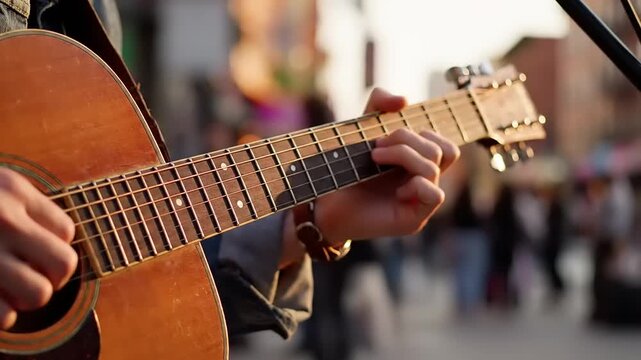 Acoustic guitar being played by a musician strumming chords on the fretboard outdoors during a sunny daytime street performance.