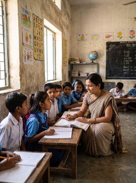 Happy Indian Teacher Helping Young Elementary Students in Classroom