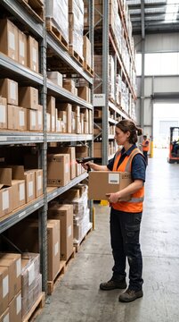 Female Warehouse Worker Scanning Package in Logistics Center