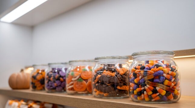 Close up of glass jars filled with colorful Halloween candies and chocolates displayed on a store shelf.
