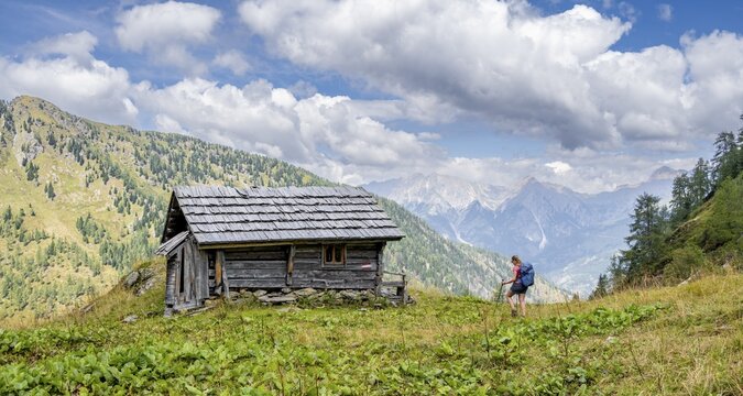 Hiker in front of hut, Stadl between green mountain meadows, Carnic Main Ridge, Carnic High Trail, Carnic Alps, Carinthia, Austria