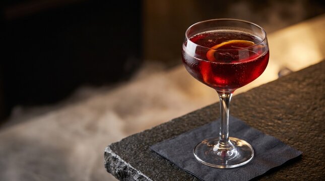 Elegant red cocktail in a coupe glass with a citrus twist on a dark stone bar counter.
