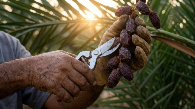 Farmer in gloves carefully harvests ripe dates from a palm tree with shears at sunset