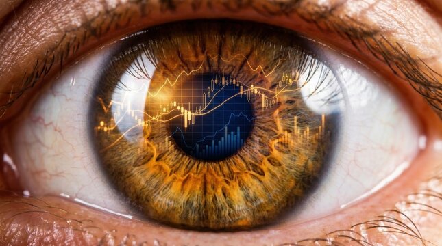 Macro view of a human eye reflecting financial stock market data and charts