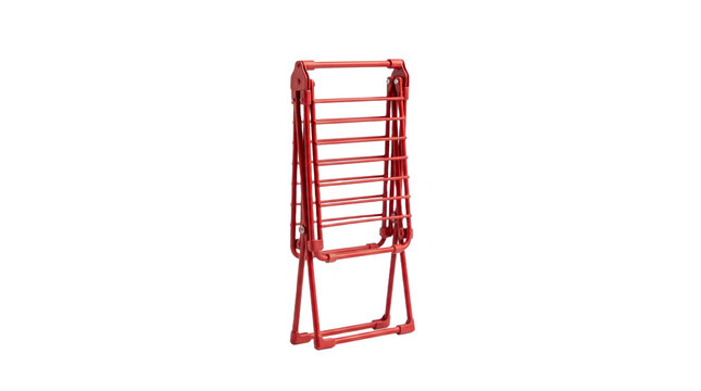 Red collapsible clothes drying rack with multiple bars for laundry PNG Isolated on transparent background