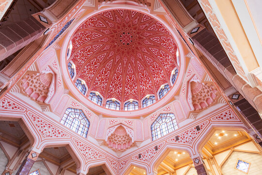 Interior of Putra Mosque, pink mosque, in Putrajaya, Malaysia