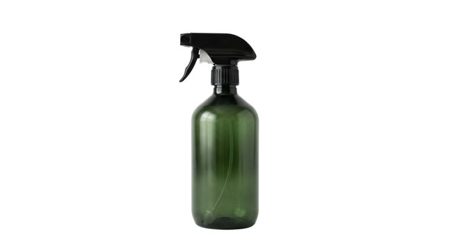 Green translucent plastic spray bottle with black trigger sprayer and internal tube PNG Isolated on transparent background