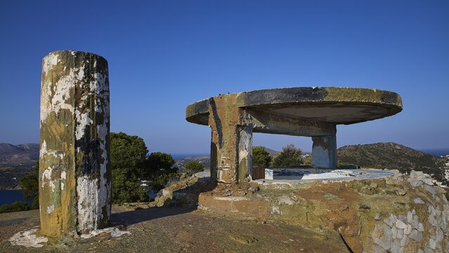 Concrete bunker with round platform high on a hill under a clear sky, Lost Place, Lago anti-aircraft battery, Bunker, Apitiki Mountain, Leros, Dodecanese, Greek Islands, Greece