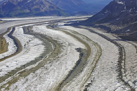 Mountains and huge glacier tongues, flying picture, national park, adventure, travel, Kennicott, Wrangell-St. Elias National Park, Alaska, USA