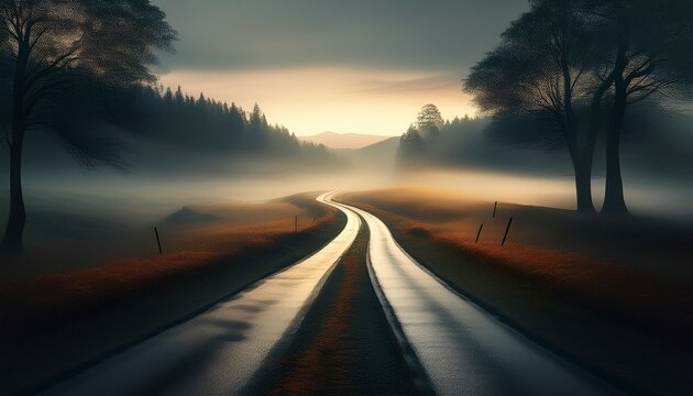 A Misty Morning Reveals A Fork In The Road Two Paths Diverging Under Atmospheric Lighting