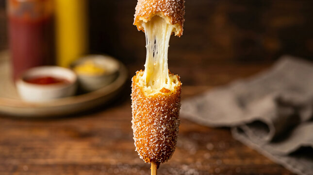 Delicious crispy Korean corn dog with melted mozzarella cheese pull on a wooden stick.
