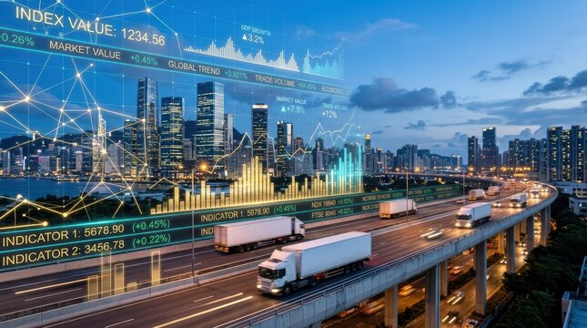 Modern city skyline at dusk with traffic on elevated highway and financial data visualizations