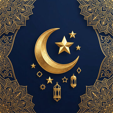 Elegant golden crescent moon and stars with traditional lanterns on a deep blue background.
