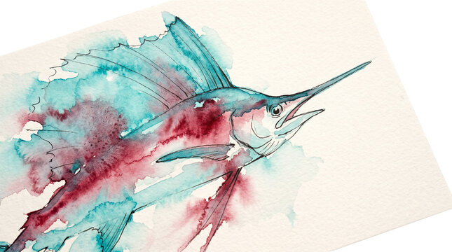 Watercolor marlin fish illustration, artistic blue and red sea creature painting, nautical wildlife wall art on textured paper