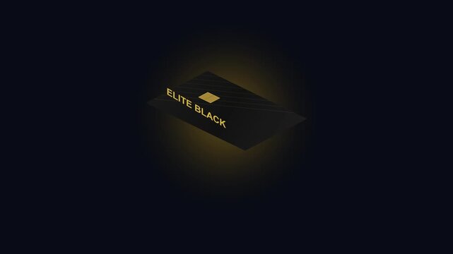 Luxury black and gold debit credit card isometric animation in dark space