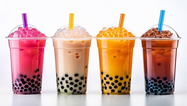 Colorful Selection Of Iced Bubble Teas With Tapioca Pearls Isolated On White Background