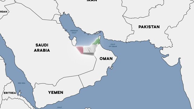 4K animation of a map of the Middle East with the United Arab Emirates highlighted in the colors of the Emirati national flag.