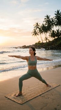 Woman practicing warrior pose on the beach