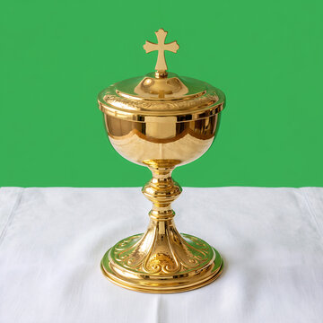 Golden religious chalice with cross on white altar cloth