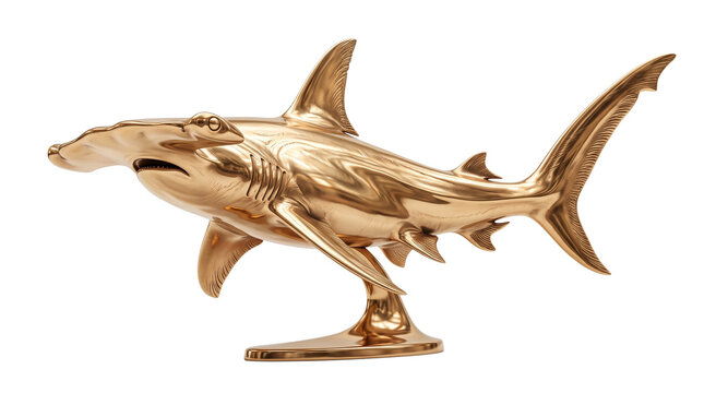 Golden hammerhead shark statuette isolated on white. Glowing gold sea creature figurine. Luxury marine animal ornament. Shiny bronze ocean predator decoration.