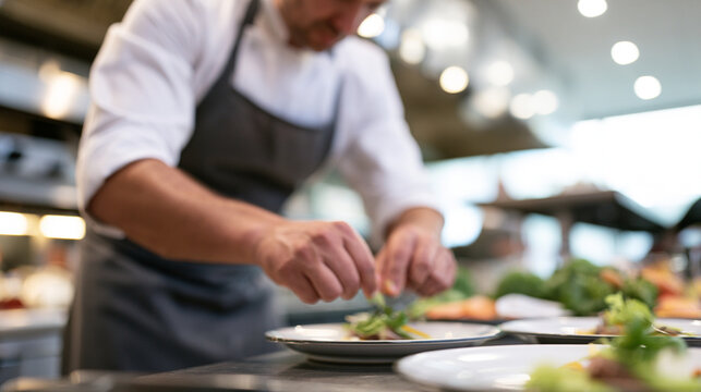 Unrecognizable Chef Preparing Dish with Hands Visible at Blurred Gastronomic Event