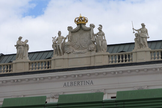 Albertina Museum Facade with Heraldic Sculptures in Vienna, Austria. 