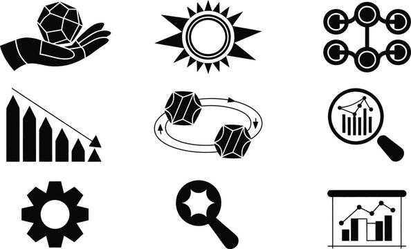 Set of nine icons representing business analytics and data management concepts